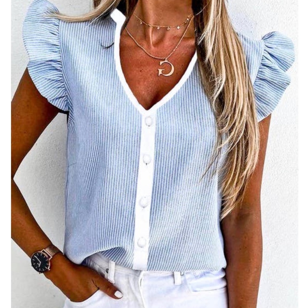 NEW Mazik Blue with White Pin Stripe Top with Ruffle Cap Sleeves Top Size L